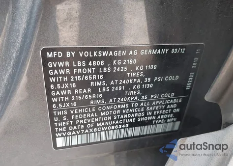 2012 Volkswagen Tiguan Le from USA, damaged, VIN WVGAV7AX8CW086343